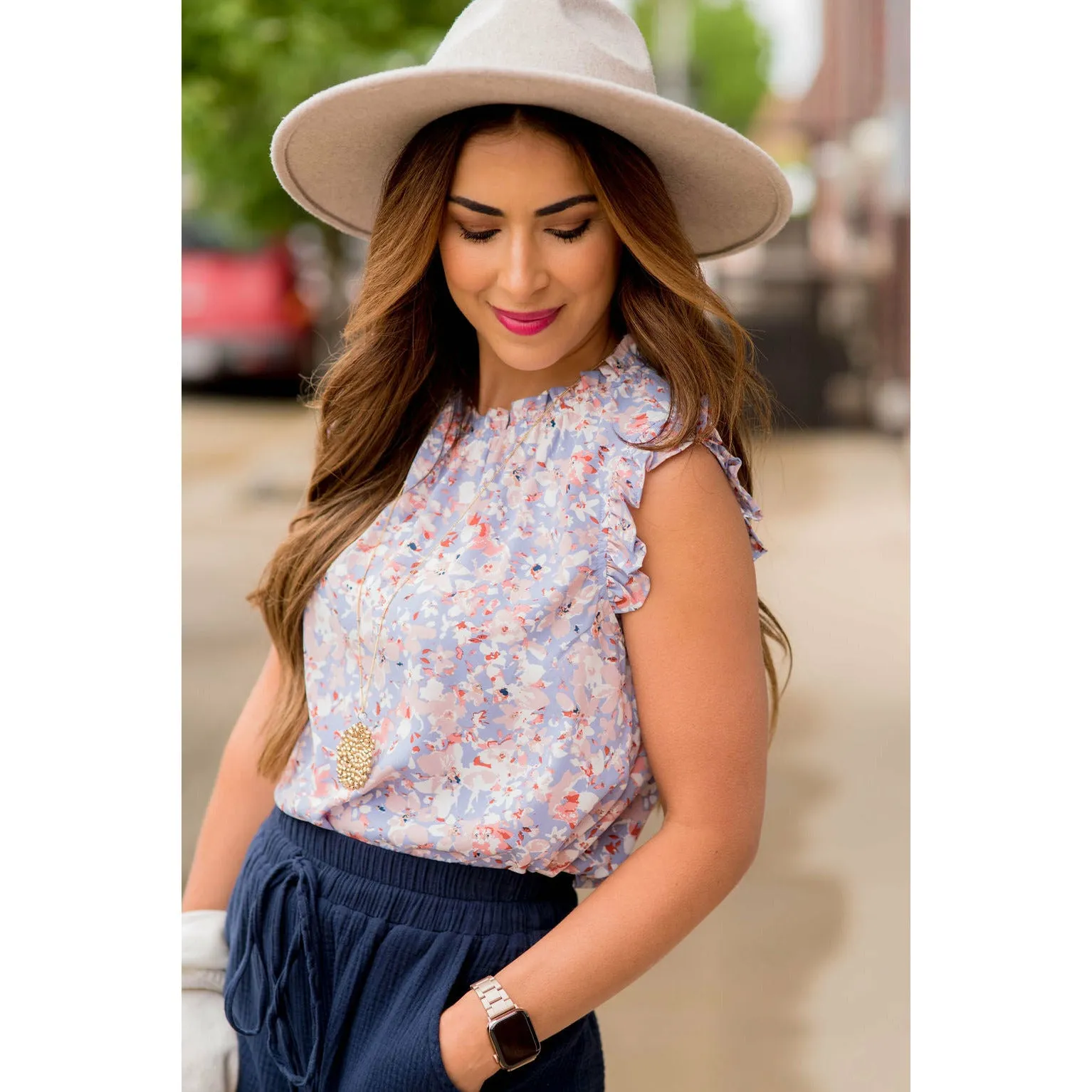 Watercolor Floral Ruffle Trim Tank