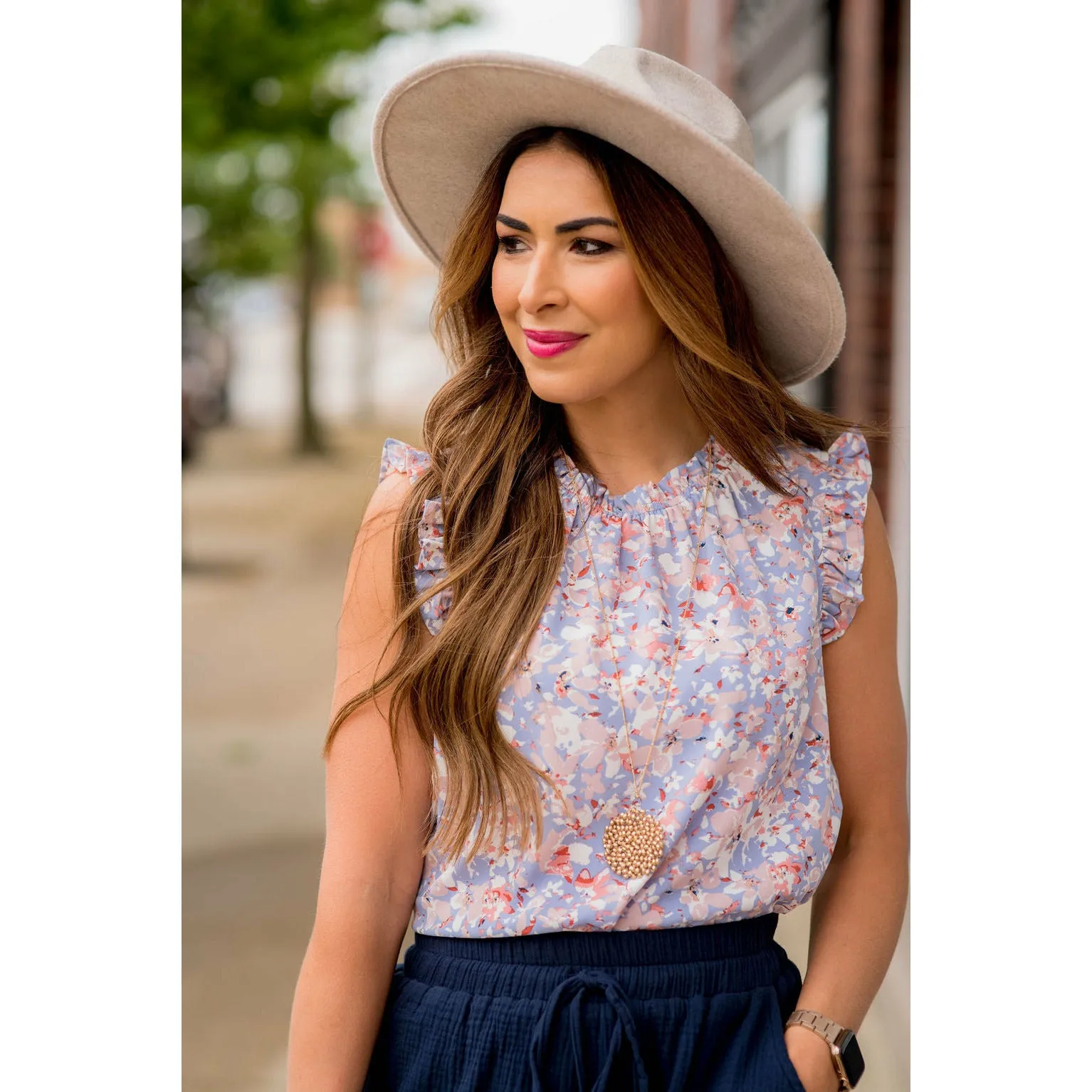 Watercolor Floral Ruffle Trim Tank