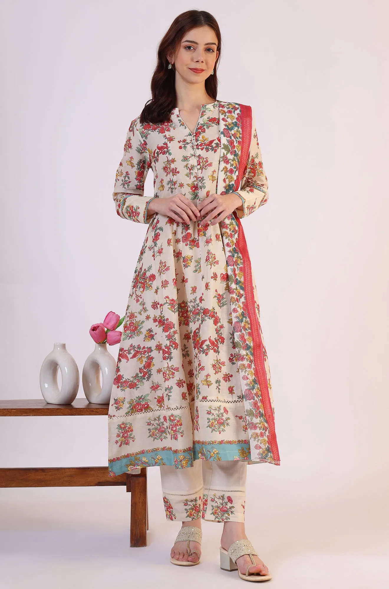 White Floral Printed Flared Pure Cotton Kurta & Straight Pant With Dupatta Set