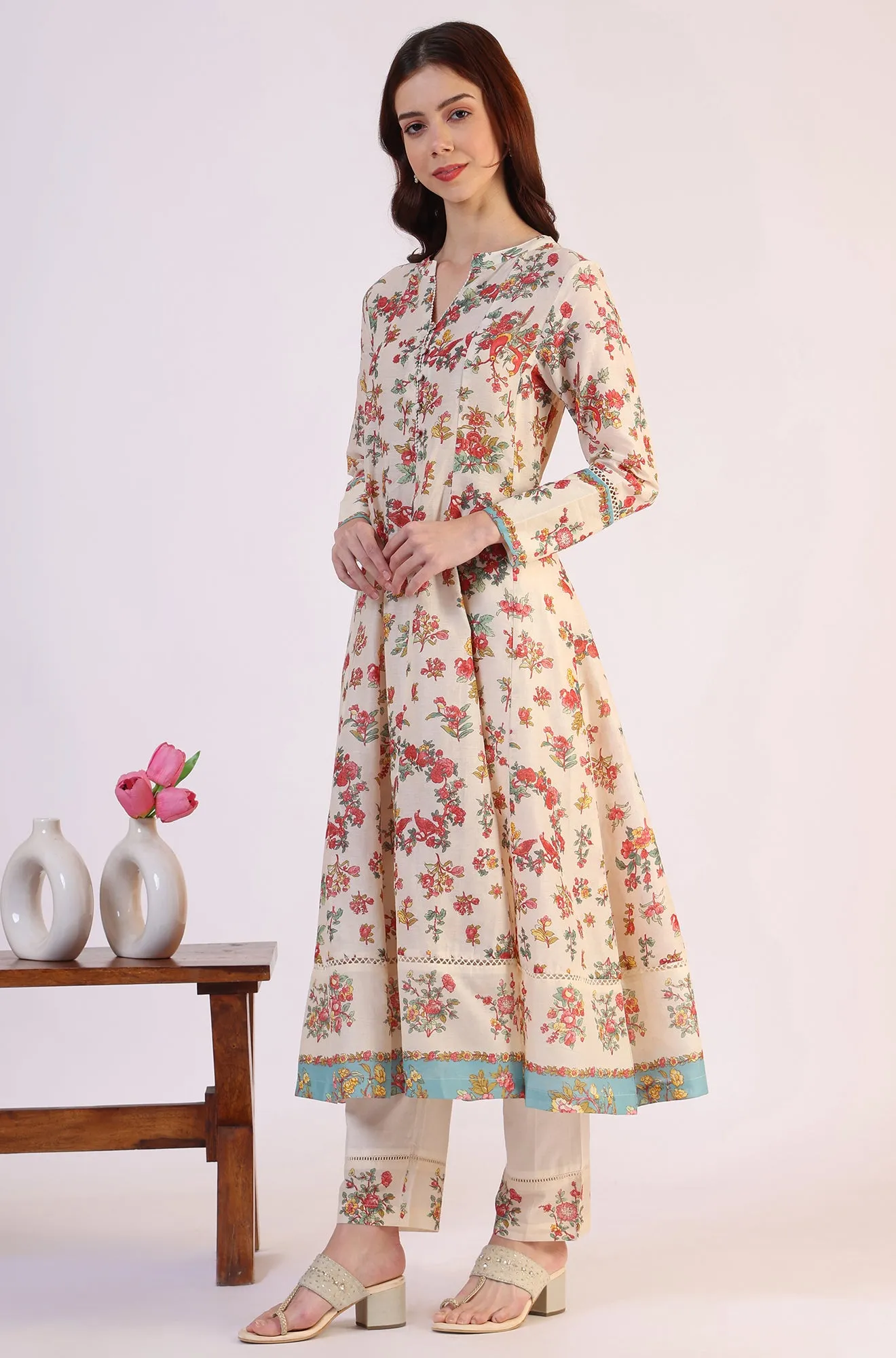 White Floral Printed Flared Pure Cotton Kurta & Straight Pant With Dupatta Set