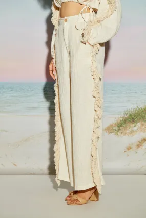 Wide Leg Side Slit Pants with Fringe Lace