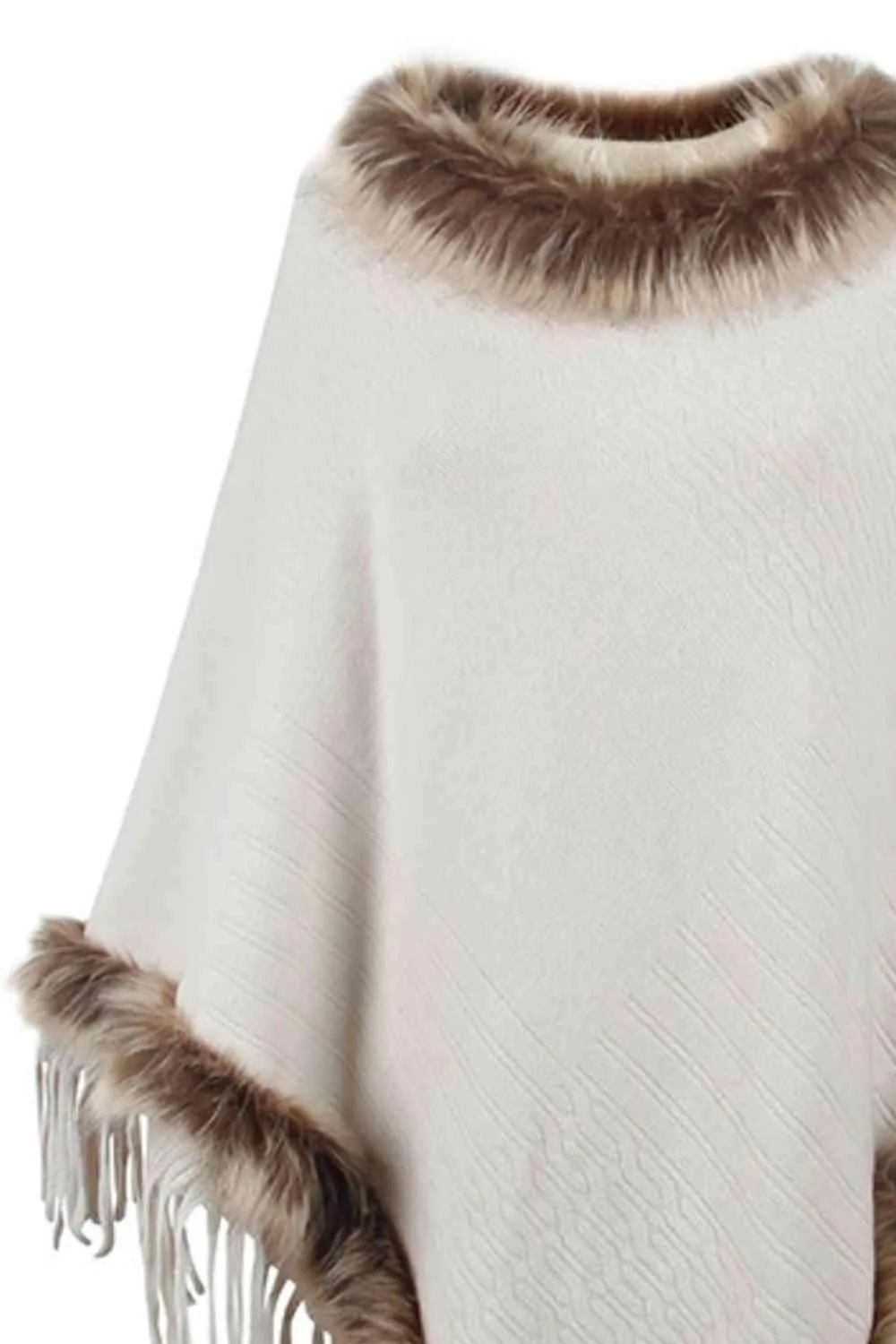 Winter Elegance Fringe Faux Fur Trim Poncho
