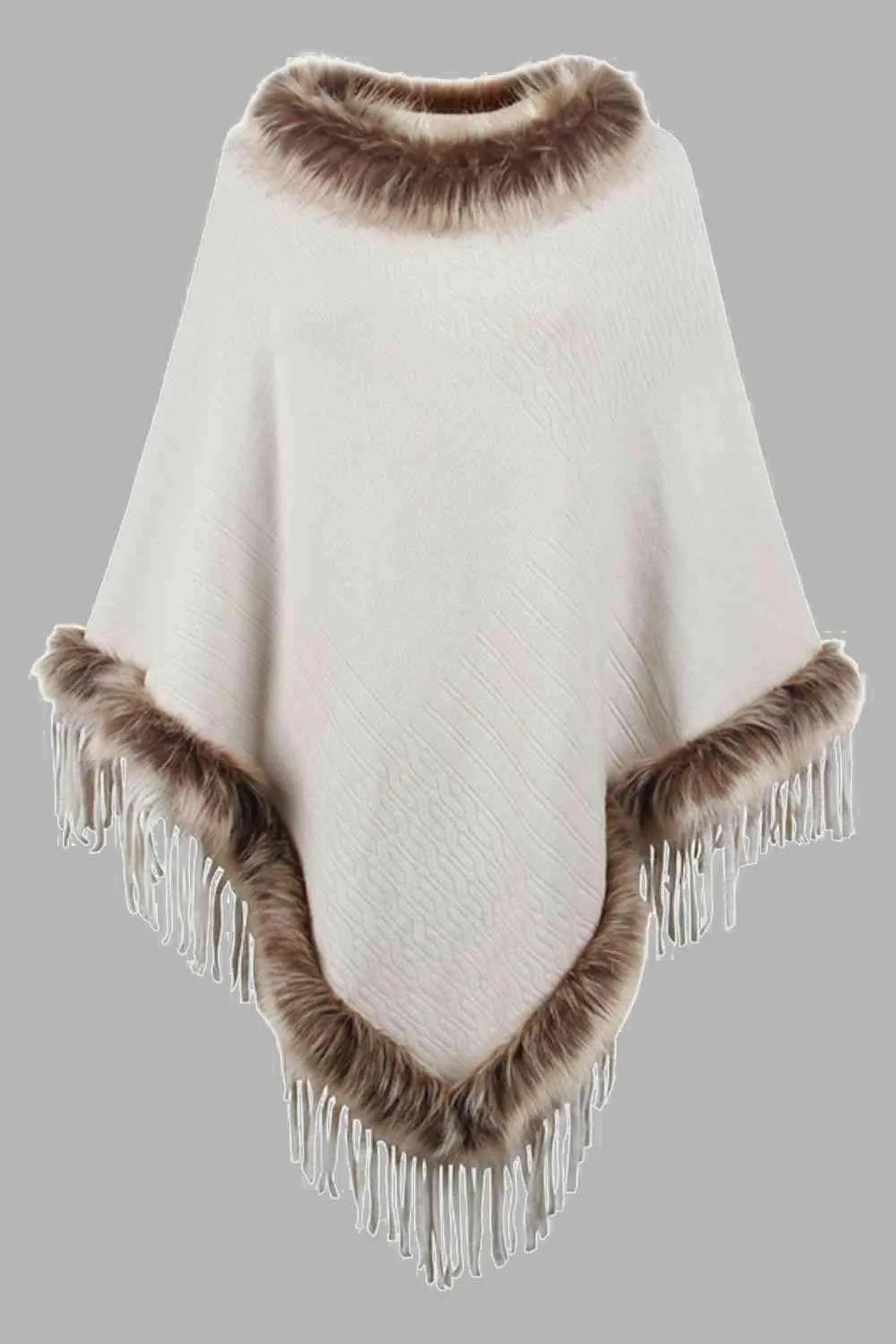 Winter Elegance Fringe Faux Fur Trim Poncho