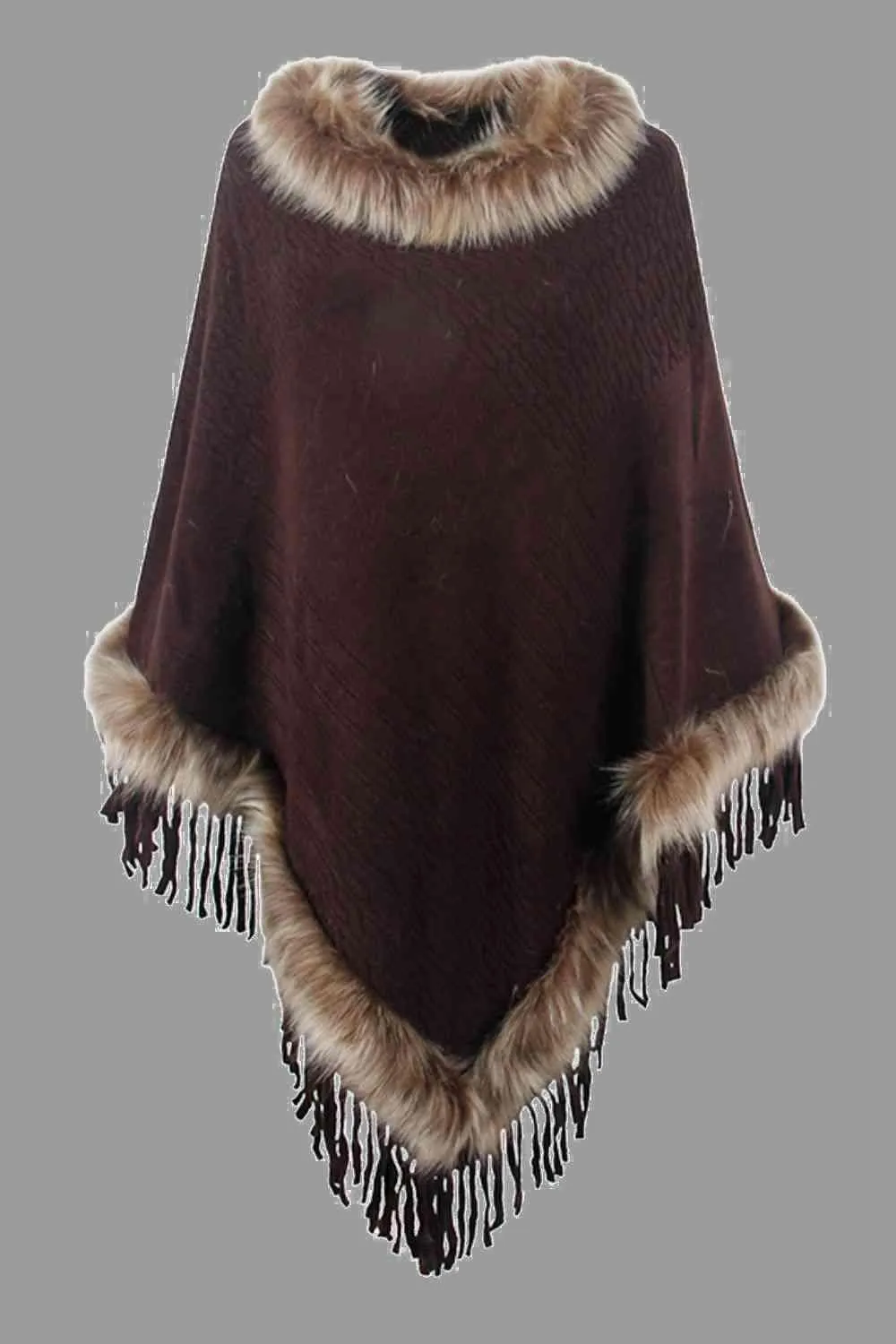 Winter Elegance Fringe Faux Fur Trim Poncho