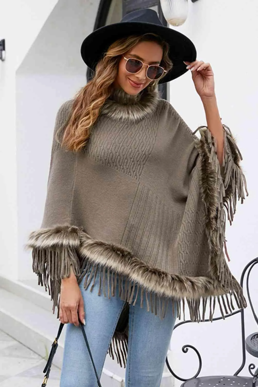 Winter Elegance Fringe Faux Fur Trim Poncho