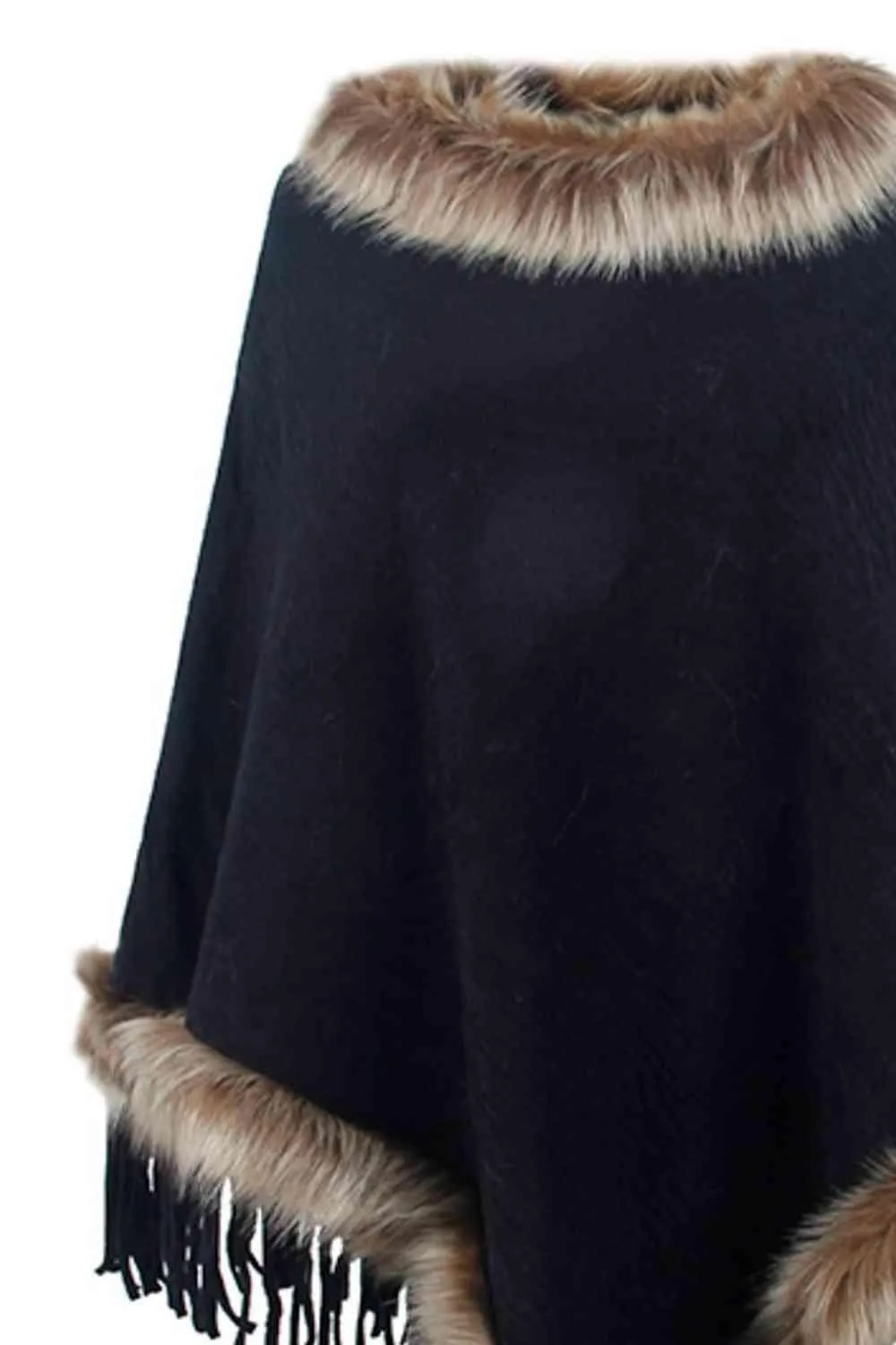 Winter Elegance Fringe Faux Fur Trim Poncho