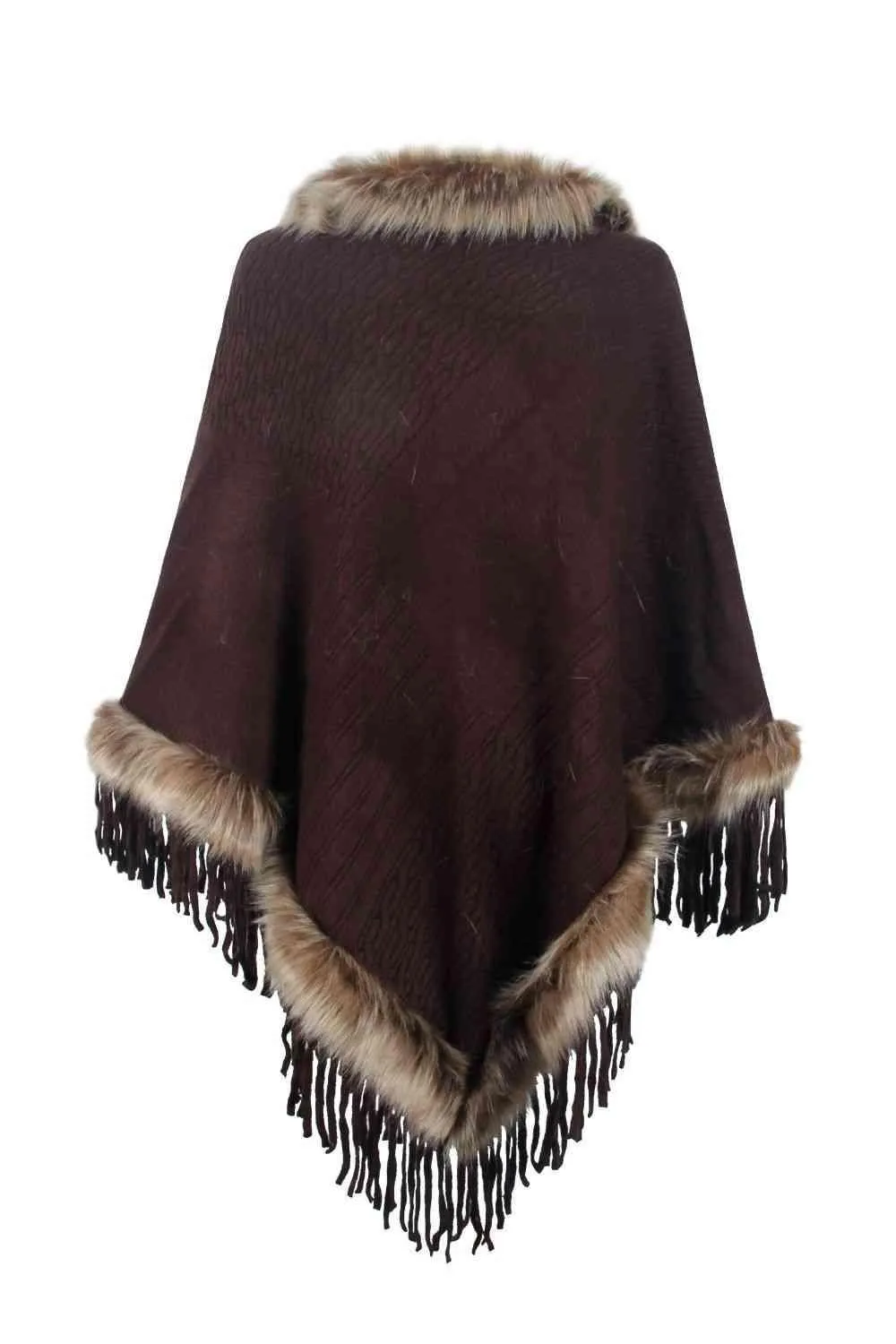 Winter Elegance Fringe Faux Fur Trim Poncho