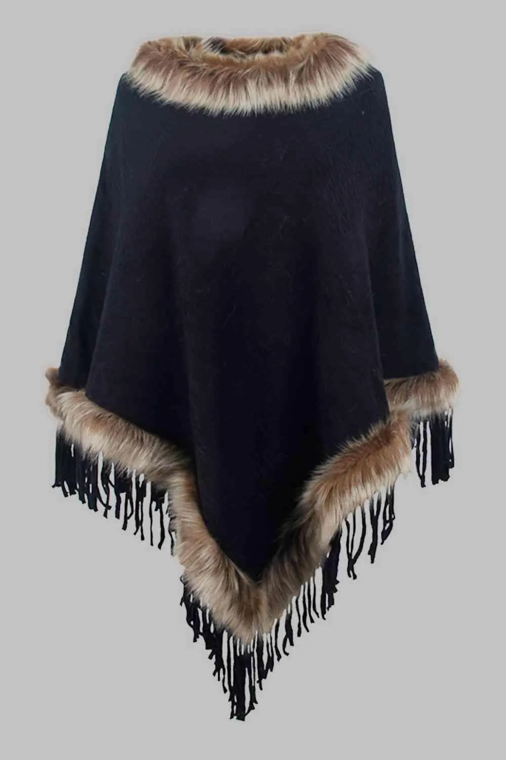 Winter Elegance Fringe Faux Fur Trim Poncho