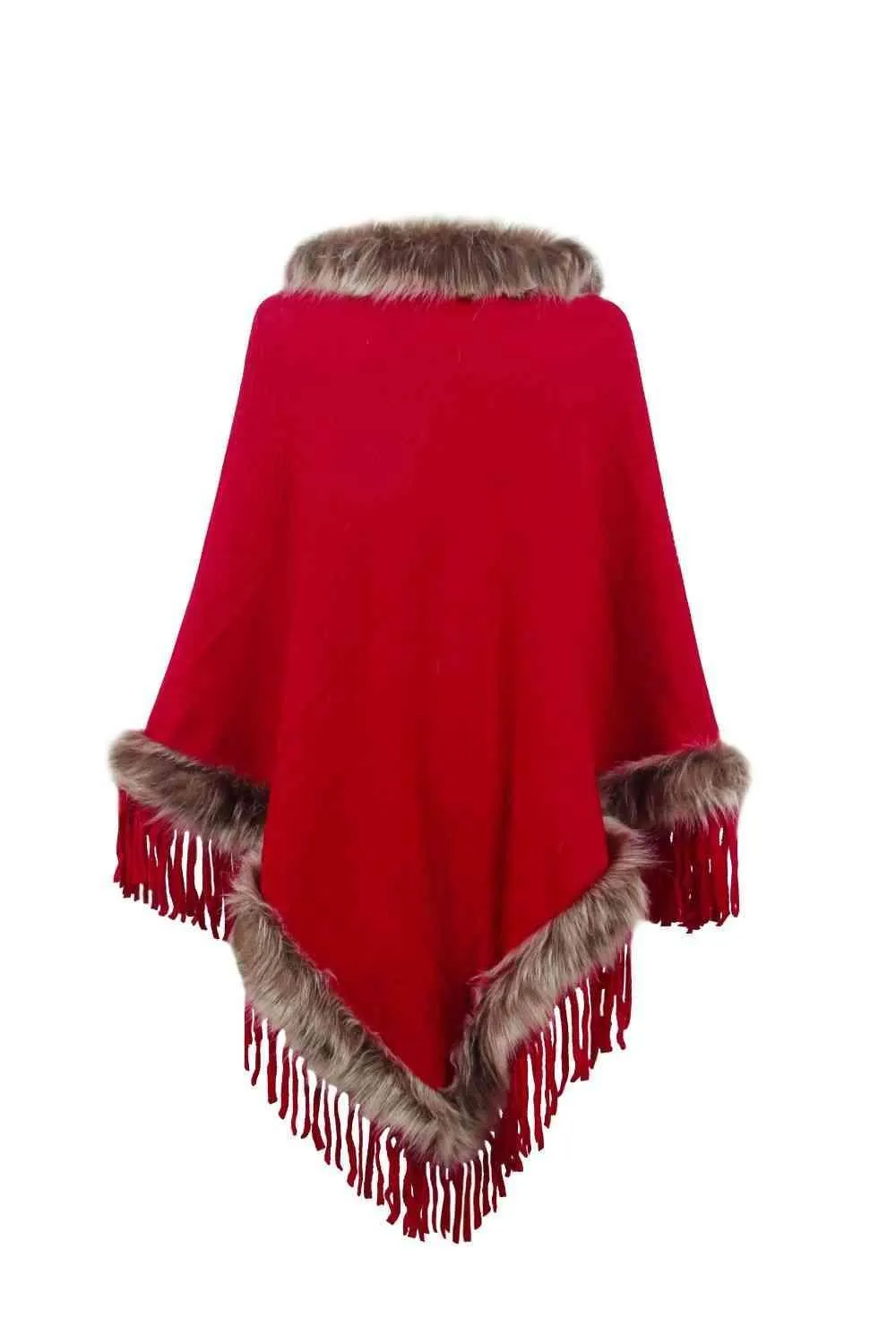Winter Elegance Fringe Faux Fur Trim Poncho