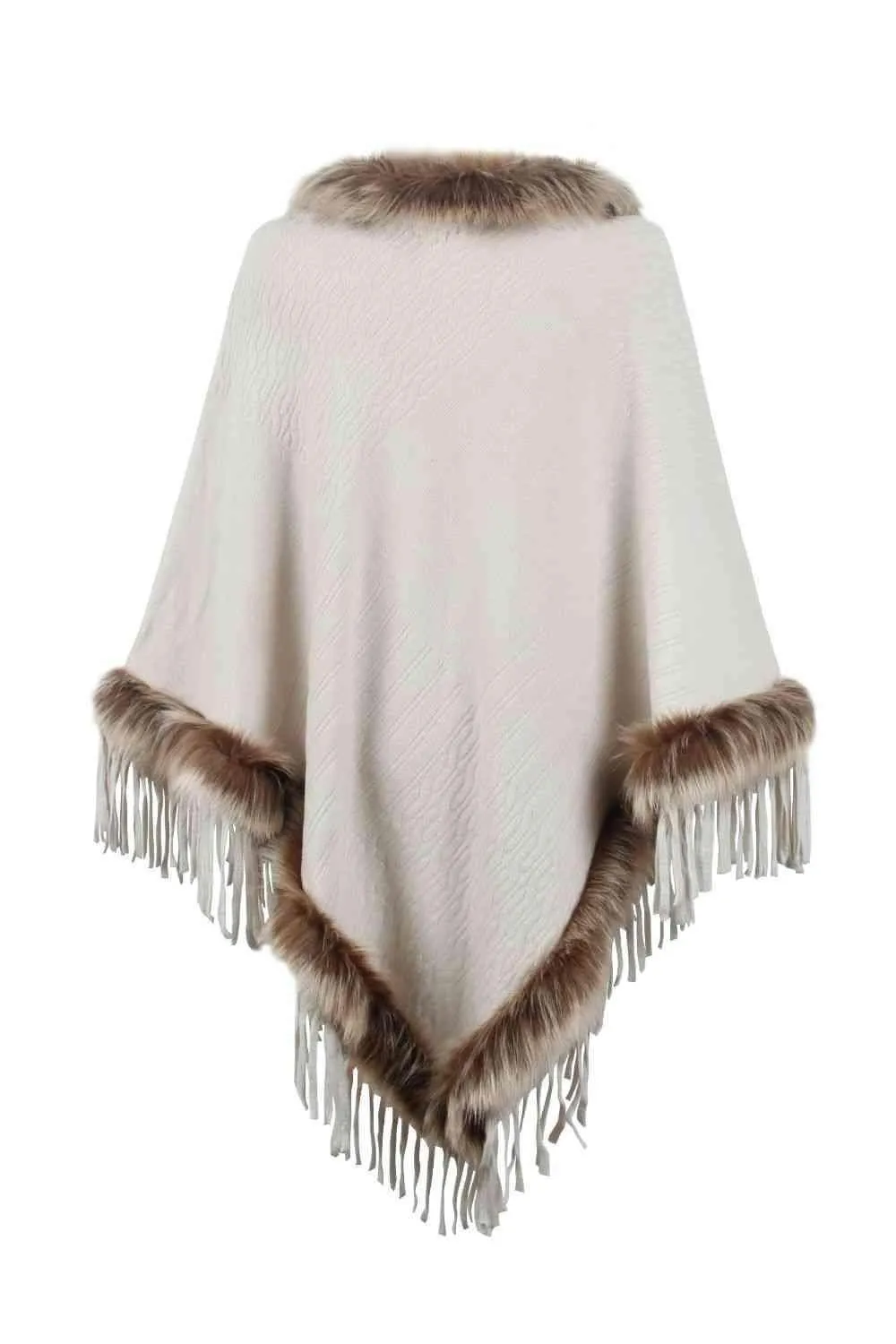 Winter Elegance Fringe Faux Fur Trim Poncho