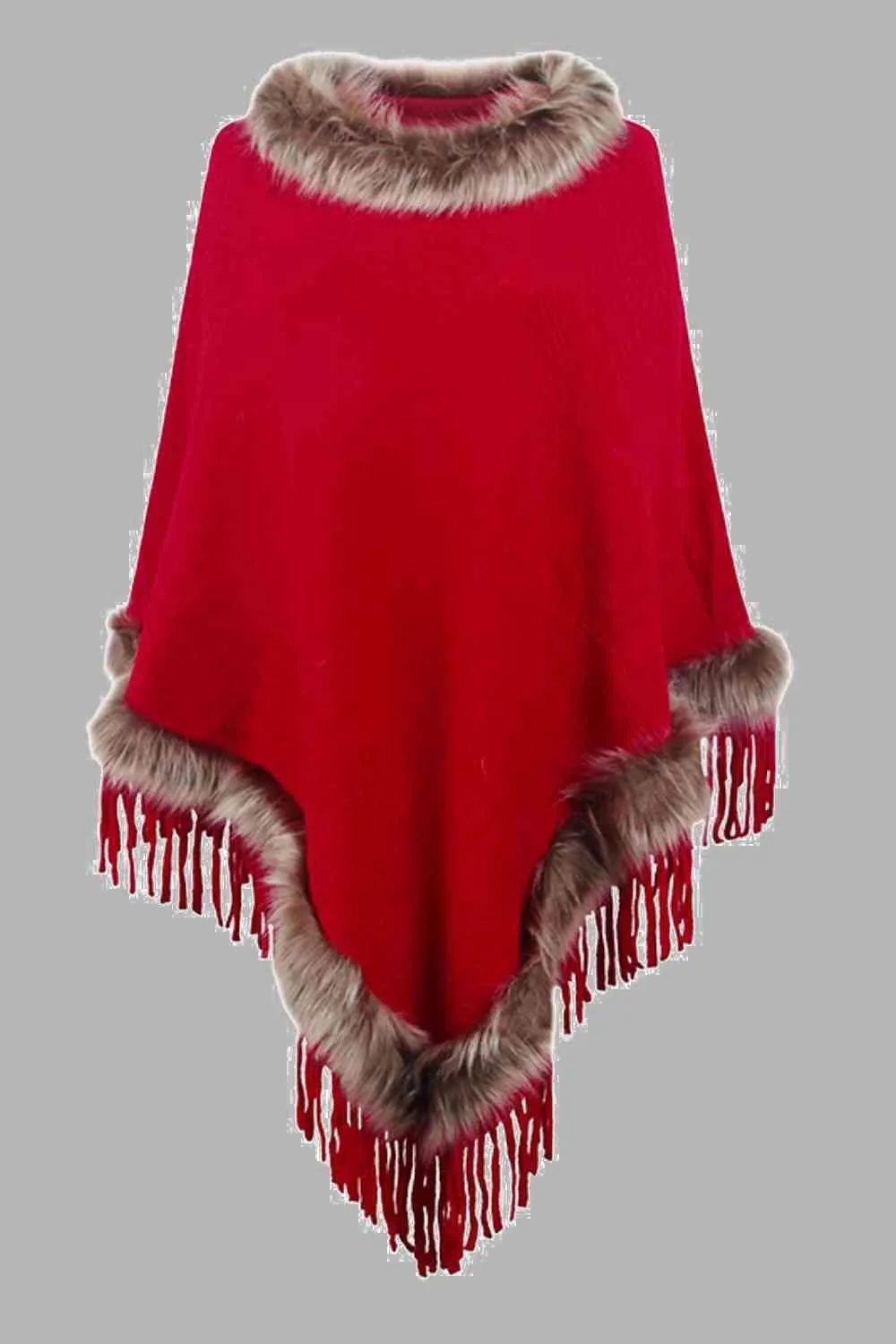 Winter Elegance Fringe Faux Fur Trim Poncho