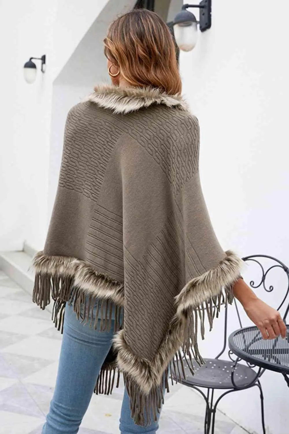Winter Elegance Fringe Faux Fur Trim Poncho