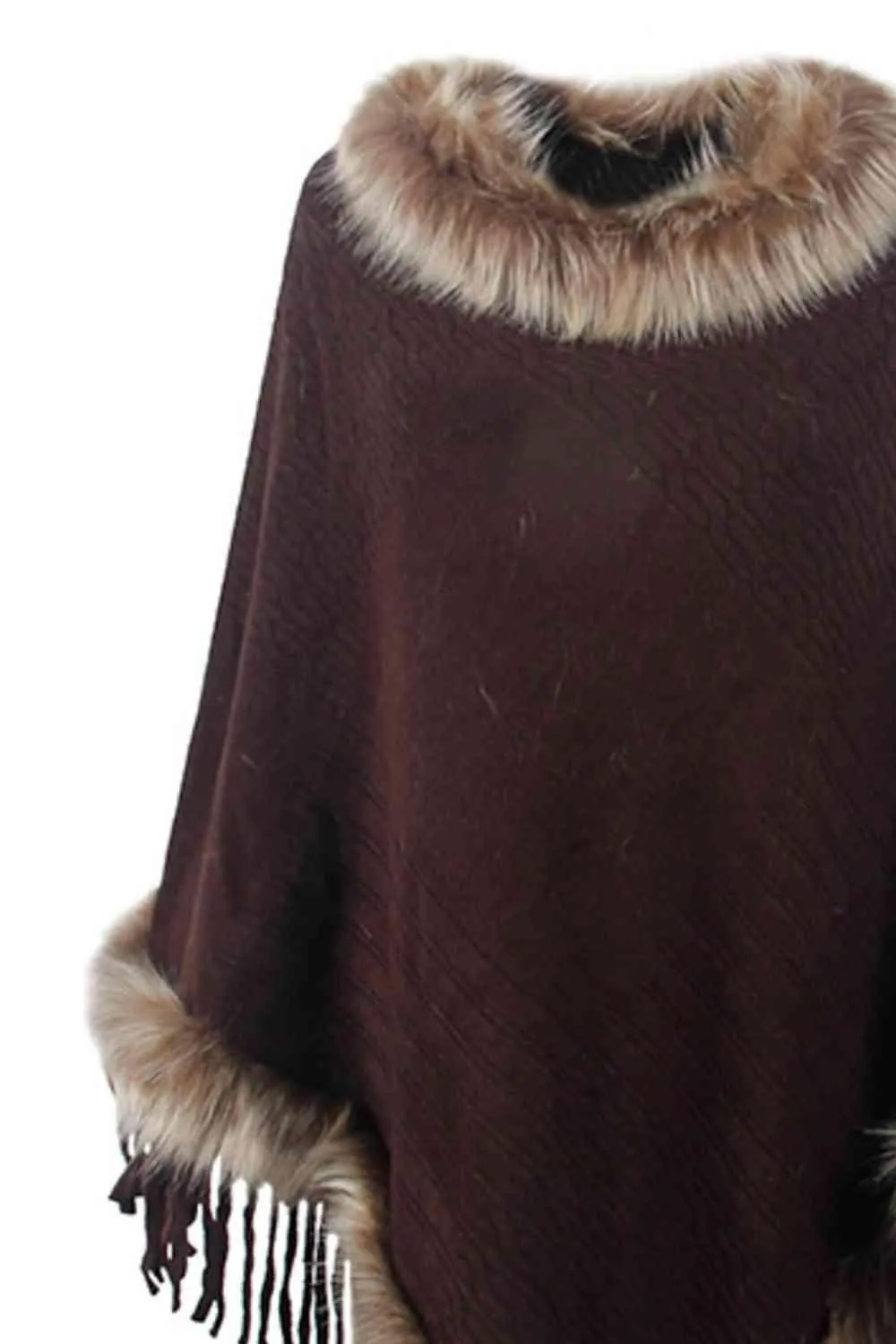 Winter Elegance Fringe Faux Fur Trim Poncho