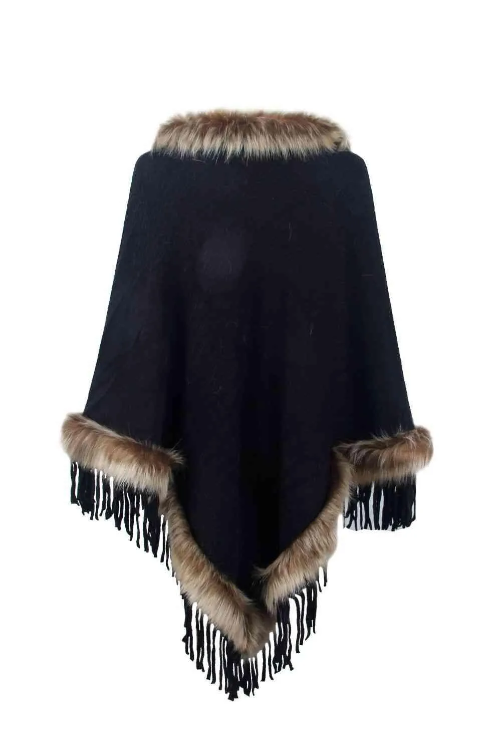 Winter Elegance Fringe Faux Fur Trim Poncho