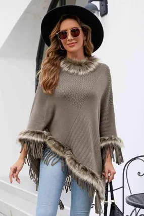 Winter Elegance Fringe Faux Fur Trim Poncho