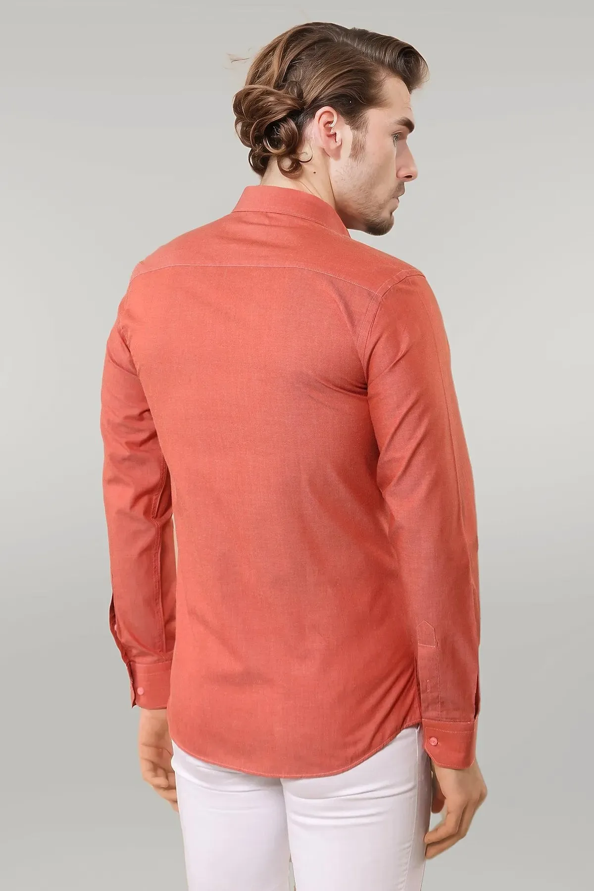 WSS Plain Slim Fit Long Sleeves Salmon Color Men Shirt  - Singen
