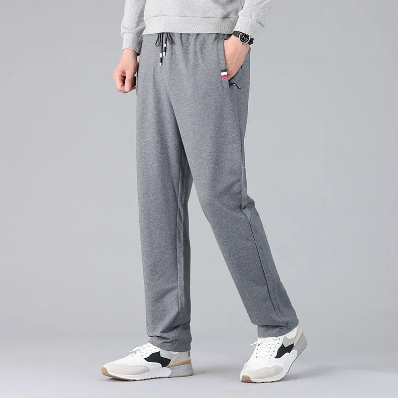Zip Pockets Straight Cotton Sweatpants Men Sportswear Casual Long Track Pants Male Loose Joggers Trousers
