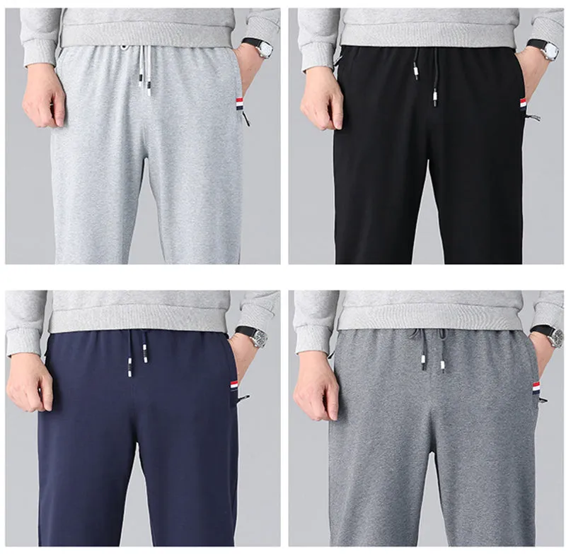 Zip Pockets Straight Cotton Sweatpants Men Sportswear Casual Long Track Pants Male Loose Joggers Trousers